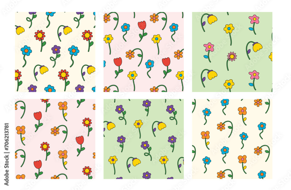 Obraz premium Collection of seamless pattern with multicolored flowers in retro groovy style. 70s, 80s, 90s vibe. Trendy hand drawn flowers. Vector illustration. Botanical floral elements set. 