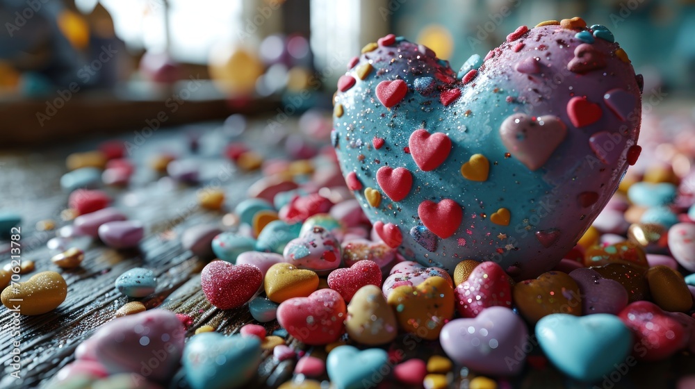  a heart shaped cake sitting on top of a table covered in sprinkles and other colorful candies.
