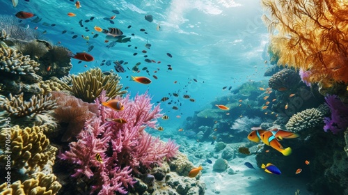  an underwater view of a coral reef with many different types of fish and corals on the bottom of the water. © Shanti