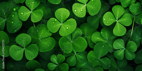 Good luck symbol close up of green four-leaf clover with dew drops background. 