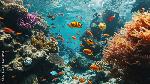  an underwater view of a coral reef with many different types of fish and corals on the bottom of the water.