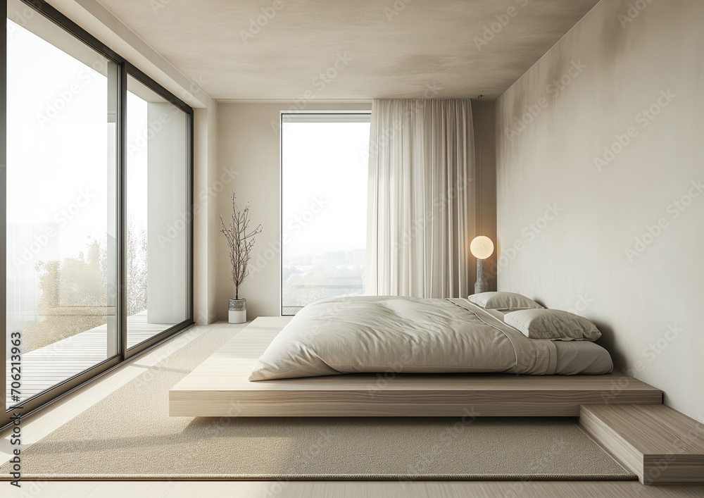 Minimalist Bedroom with Platform Bed, Neutral Palette, and Floor-to-Ceiling Windows for Natural Light: Aesthetic House Interior for Real Estate Inspection and Property Evaluation