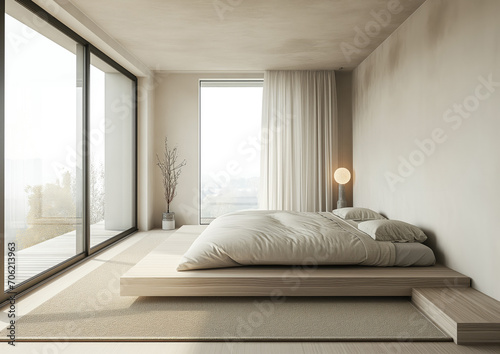 Minimalist Bedroom with Platform Bed, Neutral Palette, and Floor-to-Ceiling Windows for Natural Light: Aesthetic House Interior for Real Estate Inspection and Property Evaluation