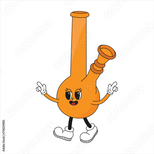 Retro groovy style bong isolated on a white background. Smoking device in psychedelic vintage style. Groovy narcotic character. Vector illustration, editable stroke, marijuana, cannabis, weed.