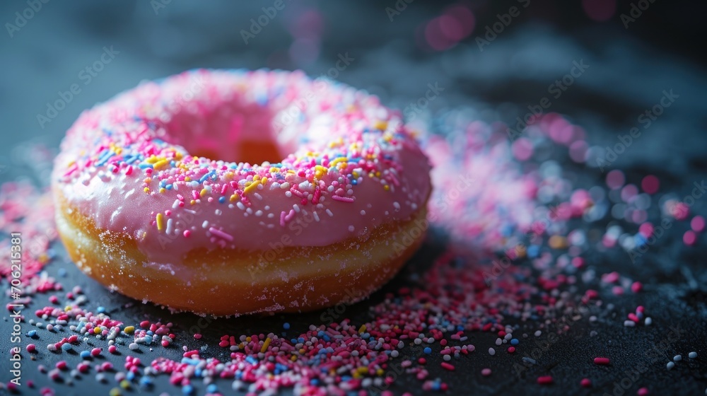 a donut with pink frosting and sprinkles on a black surface with pink and yellow sprinkles. a donut with pink frosting and sprinkles on a black surface with pink and yellow sprinkles.