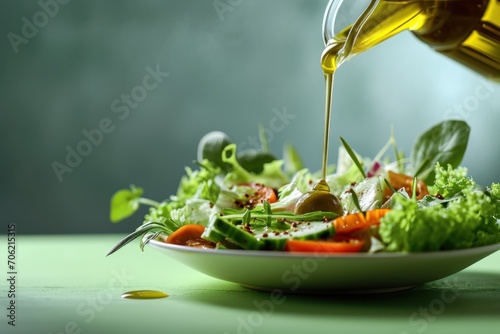  a bowl of salad with dressing being drizzled on top of it with olives, tomatoes, lettuce, and carrots.