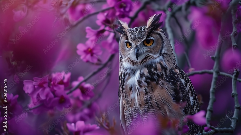 an owl is perched on a branch of a tree with purple flowers in the foreground and a blurry background. an owl is perched on a branch of a tree with purple flowers in the foreground and a blurry background.