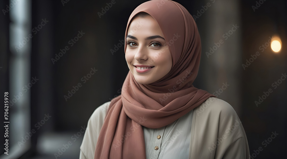 Beautiful Muslim woman smiling and laughing wearing a hijab and decorated shawl Beautiful Muslim woman smiling and laughing wearing a hijab and decorated shawl