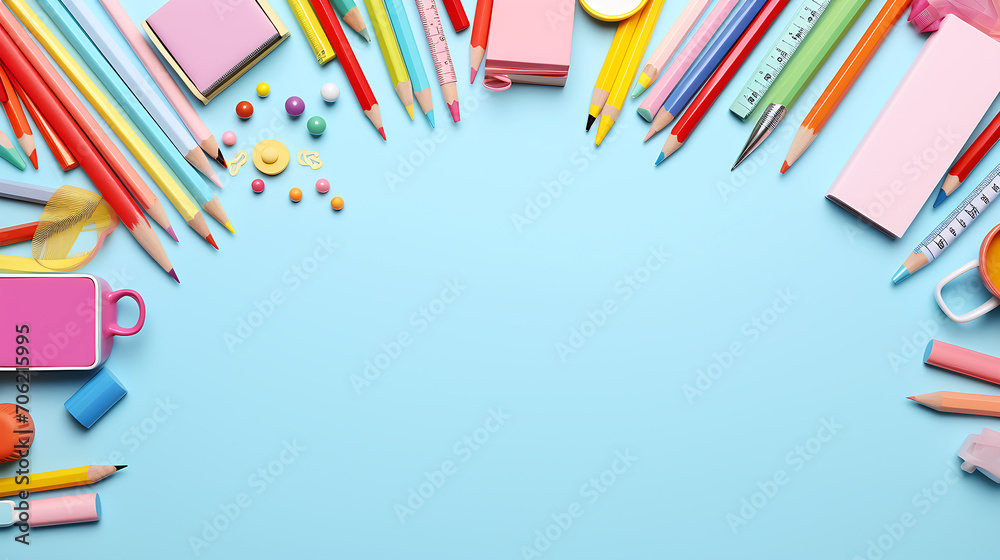 Frame of different stationery on light blue background, flat lay. Space for text, back to school Frame of different stationery on light blue background, flat lay. Space for text, back to school