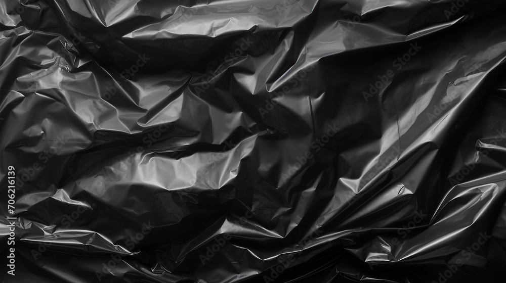 Wrinkled black plastic texture, black background wallpaper. Crumpled plastic surface