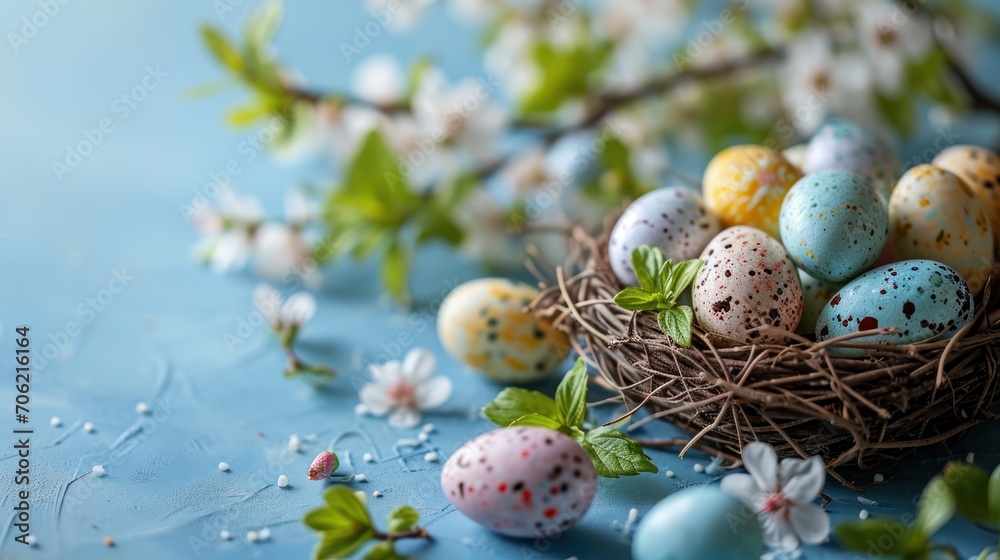  a bird's nest filled with eggs sitting on top of a blue surface next to a branch with white flowers.