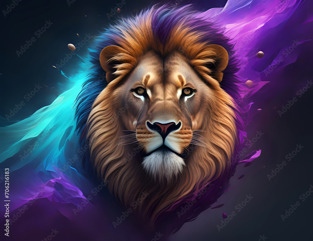 Kopf eines Löwen in der Frontal Ansicht mit abstraktem Hintergrund