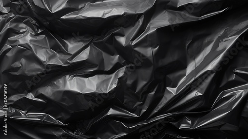Wrinkled black plastic texture  black background wallpaper. Crumpled plastic surface