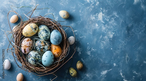 a bird's nest filled with eggs on top of a blue counter top with a few speckled eggs in it.