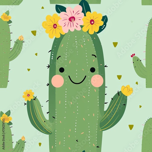 Seamless Patterns for prints | Cuddly Cactus Friend 2D Illustration: Huggable cactus character with a smiling face and maybe wearing a flower crown. 