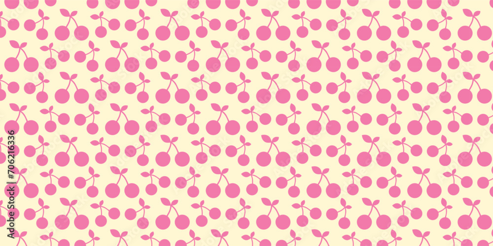 Pink seamless pattern with cherry. Vector illustration in y2k style, girly pink aesthetic. Trendy background. Pink berries on a pastel yellow background. Pink seamless pattern with cherry. Vector illustration in y2k style, girly pink aesthetic. Trendy background. Pink berries on a pastel yellow background.