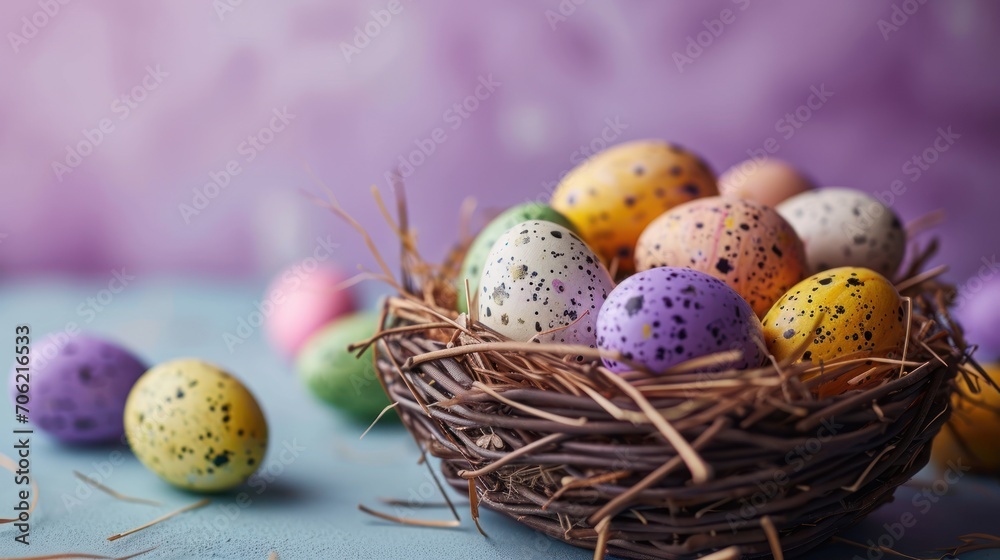  a basket filled with eggs sitting on top of a blue tablecloth next to a row of eggs with speckles on them.