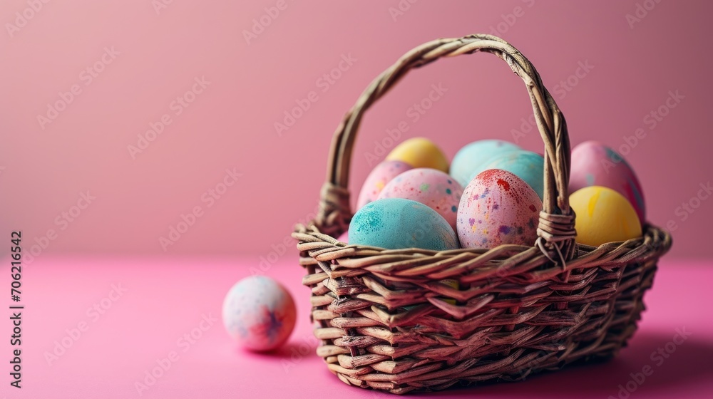  a basket filled with eggs sitting on top of a pink table next to another basket with colored eggs in it.