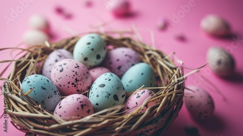  a bird's nest filled with eggs on top of a pink surface with small speckled eggs scattered around it.