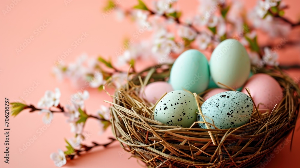 a bird's nest with three eggs in it on a pink surface next to a branch with white flowers. a bird's nest with three eggs in it on a pink surface next to a branch with white flowers.