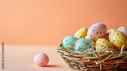  a basket filled with eggs sitting on top of a table next to another basket filled with painted eggs on top of a table.