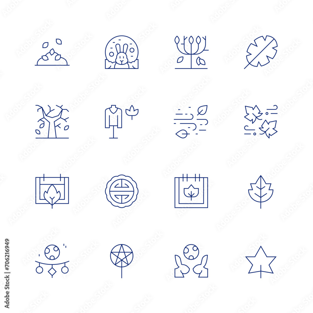 Autumn line icon set on transparent background with editable stroke. Containing leaves, plant, tree, wind, autumn, mid autumn festival, rabbit, leaf, autumn collection, windy, star, moon cake.
