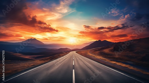 Road to the mountains at sunset. Landscape with asphalt road. photo