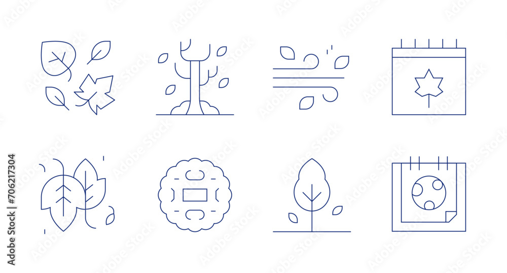 Autumn icons. Editable stroke. Containing dry tree, wind, leaves, autumn, mid autumn festival, moon cake.