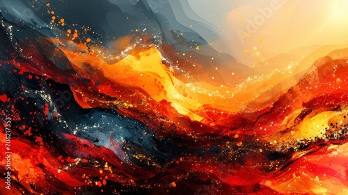  an abstract painting of red, yellow, blue, and orange colors on a white background with a black border.