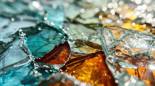  a group of different colored glass pieces sitting on top of each other on top of a glass table covered in water droplets.