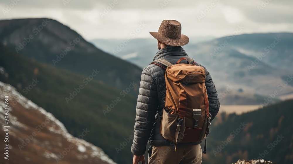 Hiker with a backpack standing on top of a mountain and enjoying the view