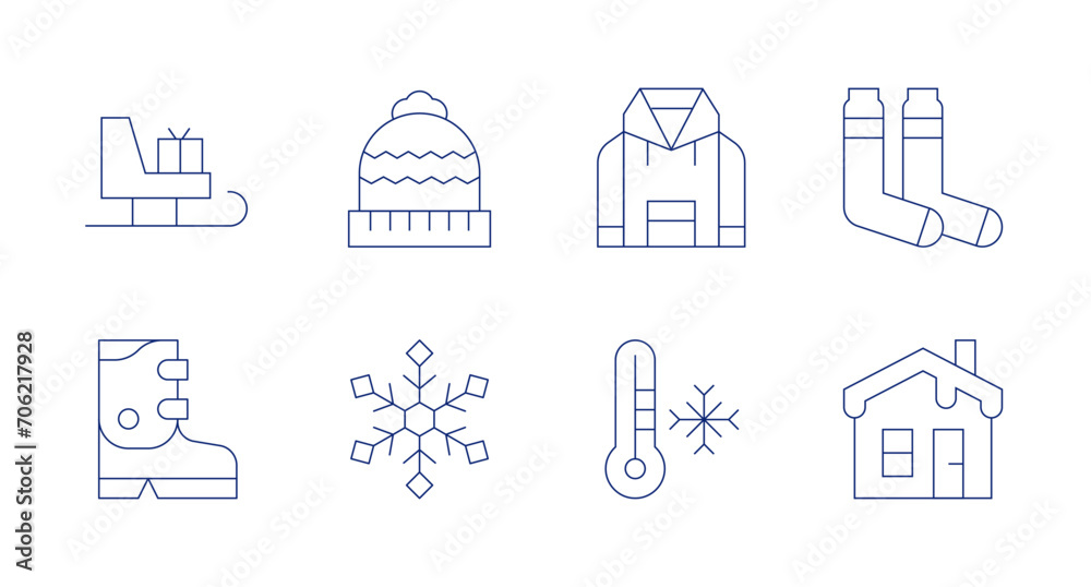 Winter icons. Editable stroke. Containing sleigh, hoodie, ski boots, cold, winter hat, winter socks, house, snowflake.