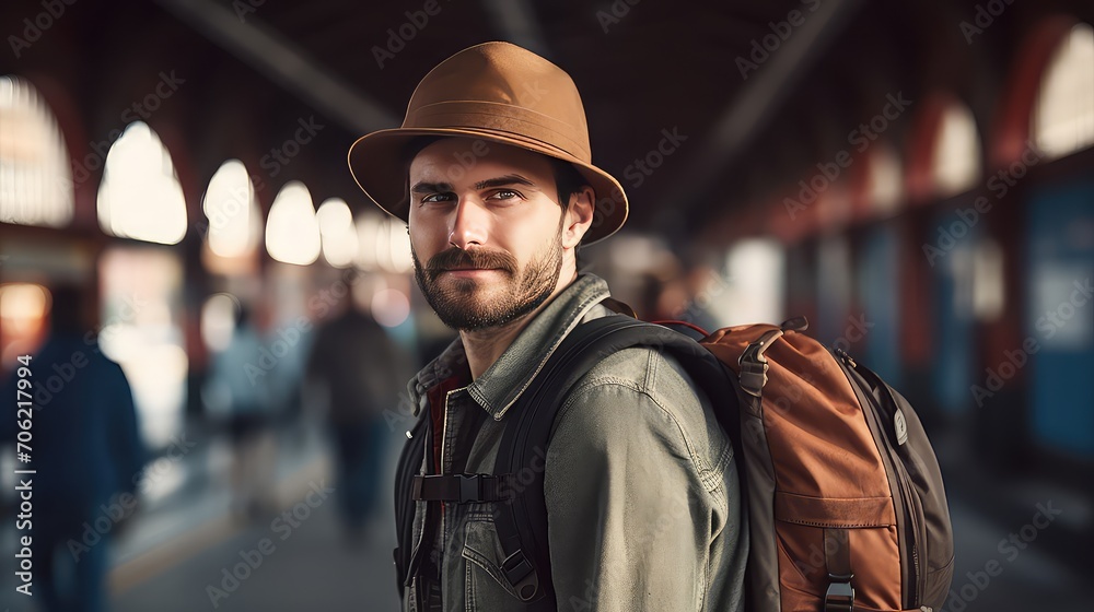 Handsome young man with backpack and hat standing in train station