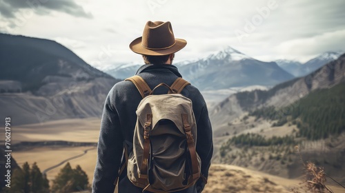 Hiker with a backpack standing on top of a mountain and enjoying the view