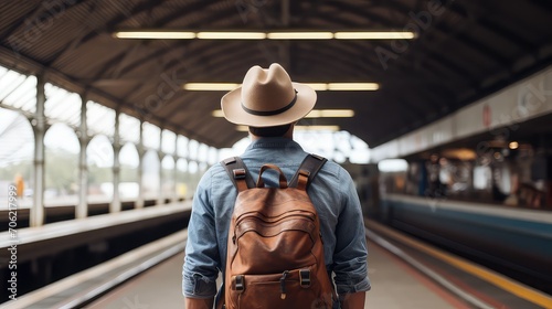Back view of a man in a hat and a backpack waiting for a train at the station.