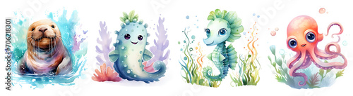 Watercolor Cute Aquatic Animals, Squid, Seal, Sea ​​horse, Sea ​​cucumber photo