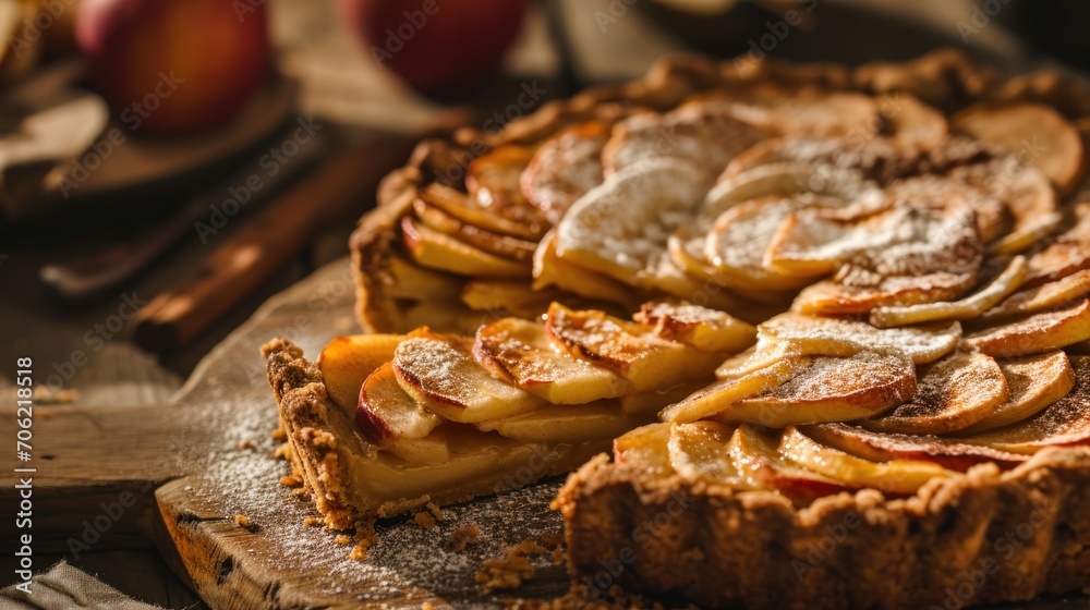  a sliced apple pie sitting on top of a wooden cutting board next to a knife and a bowl of apples.