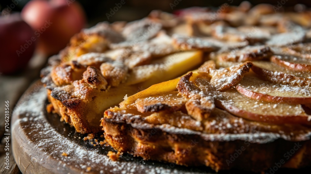 a close up of a pie covered in powdered sugar and sliced apples on a wooden platter with apples in the background. a close up of a pie covered in powdered sugar and sliced apples on a wooden platter with apples in the background.