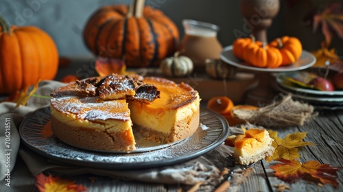  a pie with a slice cut out of it on a plate next to other pumpkins and other autumn decorations.