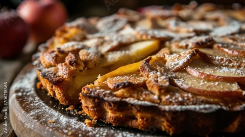  a close up of a pie covered in powdered sugar and sliced apples on a wooden platter with apples in the background.