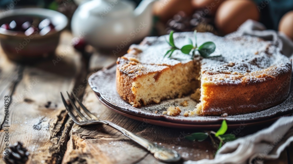 a cake sitting on top of a plate covered in powdered sugar and topped with a slice cut out of it. a cake sitting on top of a plate covered in powdered sugar and topped with a slice cut out of it.