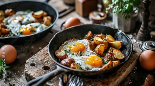  a pan filled with eggs and potatoes on top of a wooden cutting board next to eggs in a frying pan.