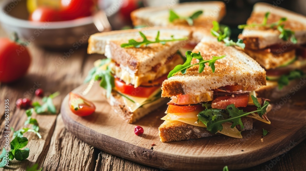 a cut in half sandwich sitting on top of a wooden cutting board next to a bowl of tomatoes and lettuce. a cut in half sandwich sitting on top of a wooden cutting board next to a bowl of tomatoes and lettuce.