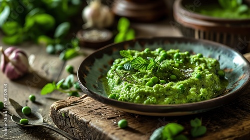  a bowl of green guacamole on a wooden table with spoons and garlic on the side of the bowl.