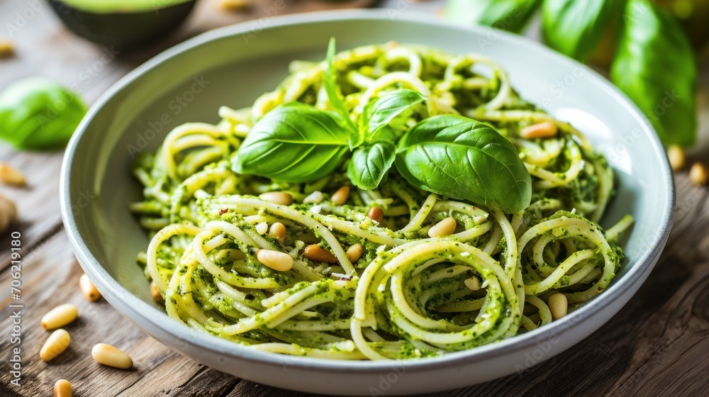 a white bowl filled with pesto pasta on top of a wooden table next to a green leafy garnish. a white bowl filled with pesto pasta on top of a wooden table next to a green leafy garnish.