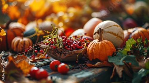  a table topped with pumpkins and gourds filled with berries and other autumn fruits and veggies. photo