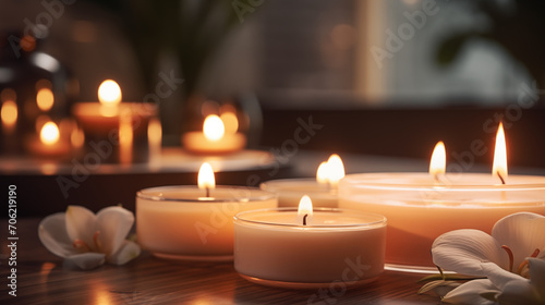Soothing Candlelight Ambiance with Flowers for Relaxing Spa  Beauty  and Wellness Background