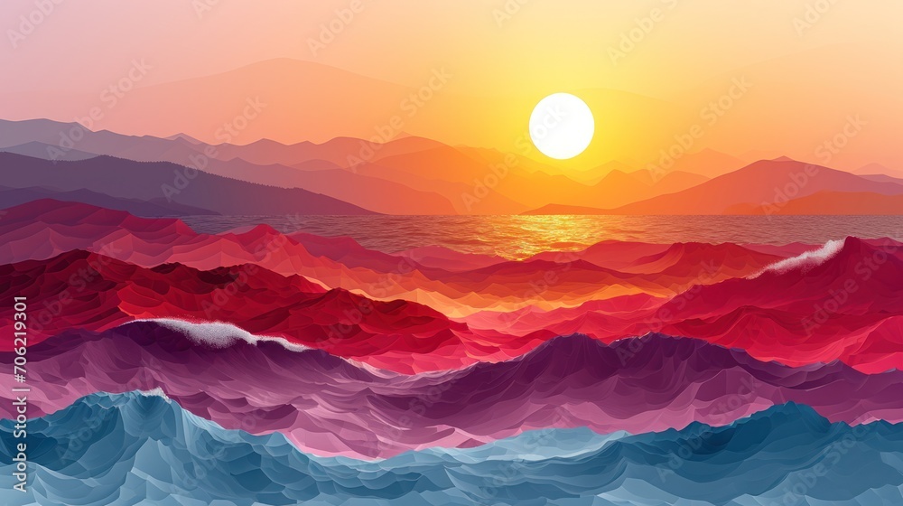  a painting of a sunset over a body of water with mountains in the background and waves in the foreground.