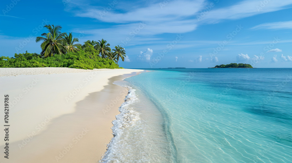 Sandy tropical beach with island on background.