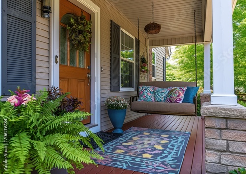 Inviting Front Porch with Porch Swing, Potted Plants, and Colorful Doormat: A Welcoming House Entrance for Real Estate Inspection, Property Evaluation, and Safety Assessment